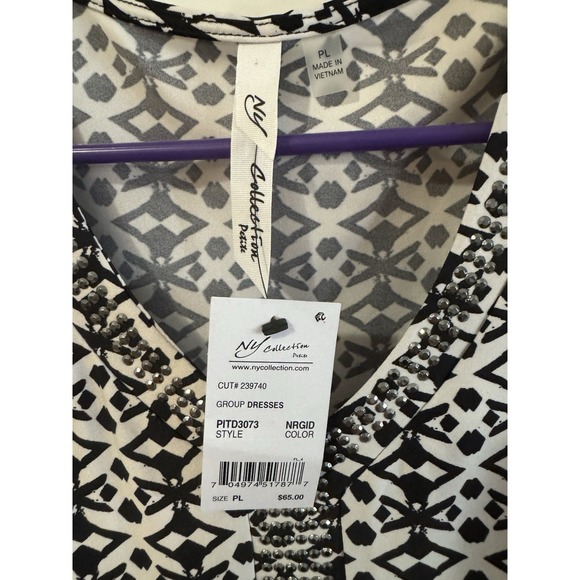 NY Collection Black White Beaded Shift Dress Sleeveless V-Neck Knee Length PL - Picture 2 of 3